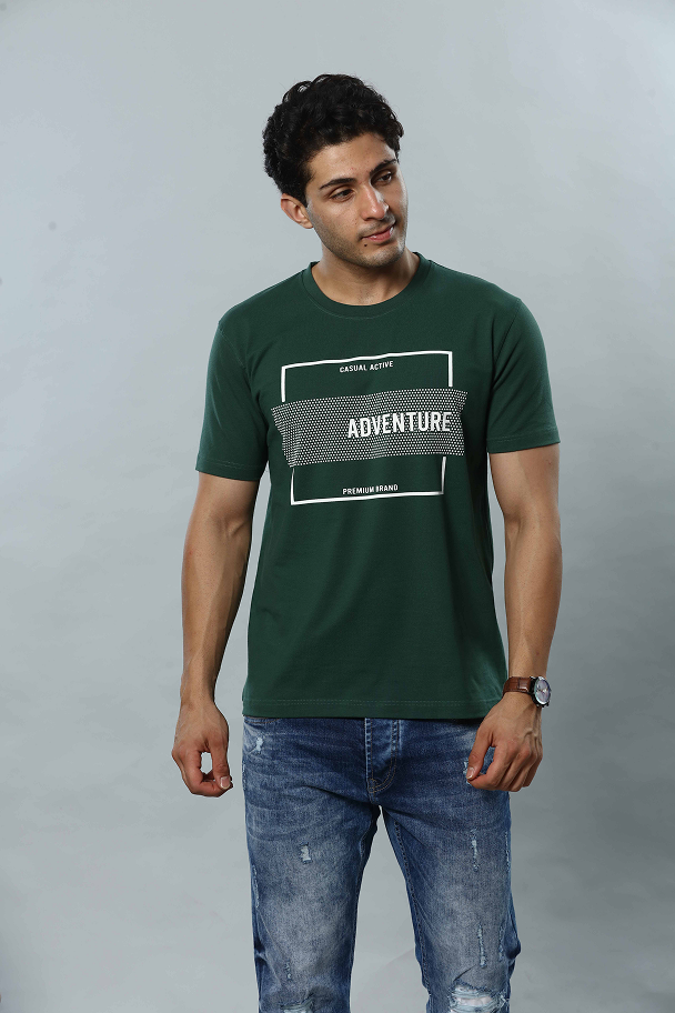 Dark Green Graphic Print Round Neck Stretchable T-Shirt