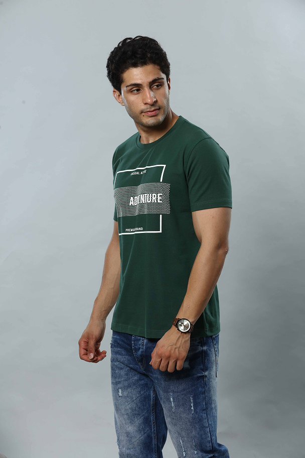 Dark Green Graphic Print Round Neck Stretchable T-Shirt