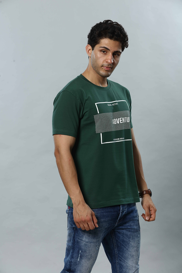 Dark Green Graphic Print Round Neck Stretchable T-Shirt