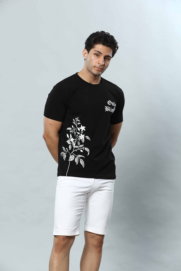 Black Graphic Print Round Neck Stretchable T-Shirt