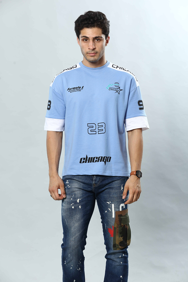 Sky Blue Graphic Print Round Neck Oversized Drop Shoulder T-Shirt