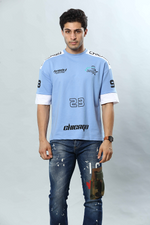 Sky Blue Graphic Print Round Neck Oversized Drop Shoulder T-Shirt