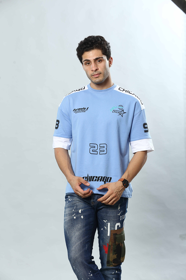 Sky Blue Graphic Print Round Neck Oversized Drop Shoulder T-Shirt