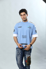 Sky Blue Graphic Print Round Neck Oversized Drop Shoulder T-Shirt