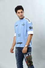 Sky Blue Graphic Print Round Neck Oversized Drop Shoulder T-Shirt