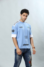 Sky Blue Graphic Print Round Neck Oversized Drop Shoulder T-Shirt