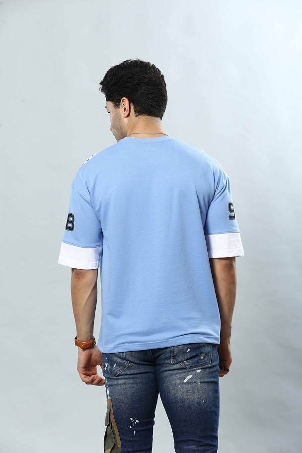Sky Blue Graphic Print Round Neck Oversized Drop Shoulder T-Shirt