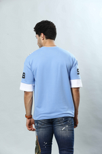 Sky Blue Graphic Print Round Neck Oversized Drop Shoulder T-Shirt