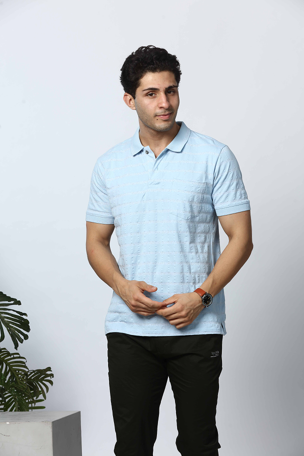 Light Blue Polo Neck T-Shirt With Pocket