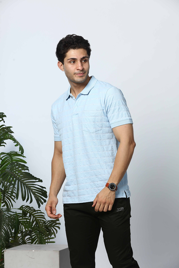 Light Blue Polo Neck T-Shirt With Pocket