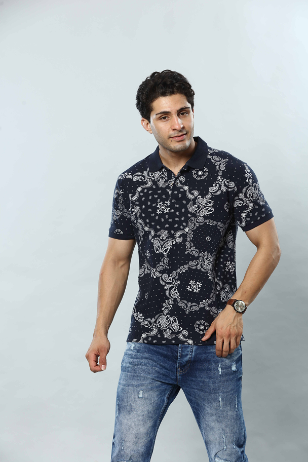 Navy Blue with Off White Graphic Print Polo T-Shirt