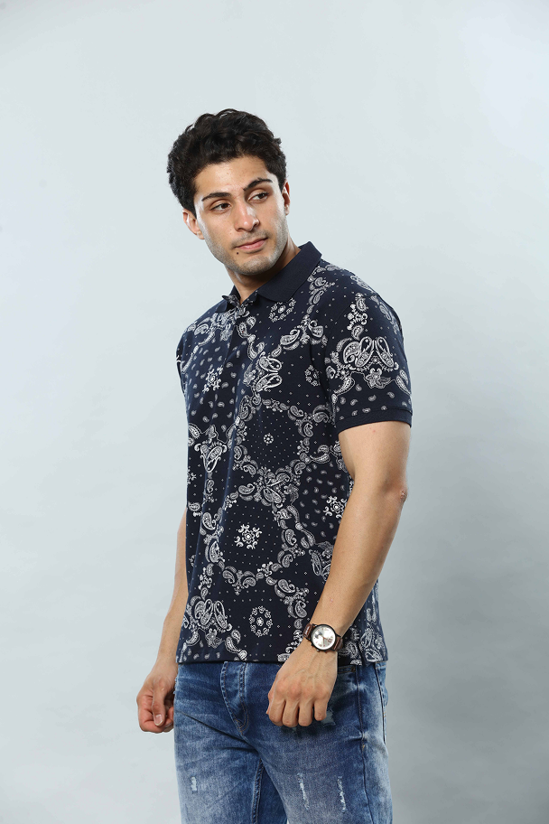 Navy Blue with Off White Graphic Print Polo T-Shirt