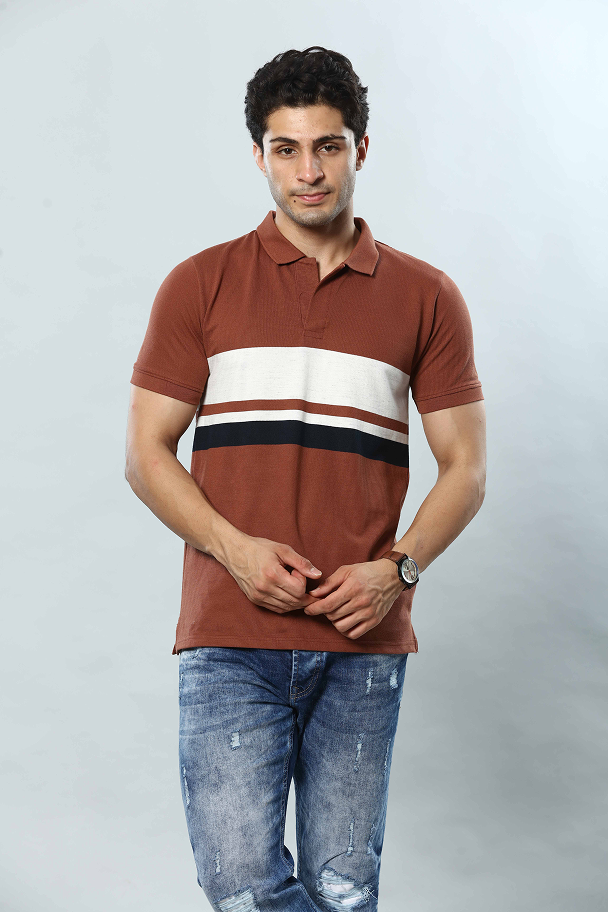 Rust Brown Striped Polo Neck T-Shirt