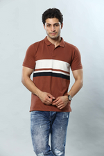 Rust Brown Striped Polo Neck T-Shirt
