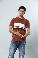 Rust Brown Striped Polo Neck T-Shirt