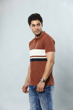 Rust Brown Striped Polo Neck T-Shirt