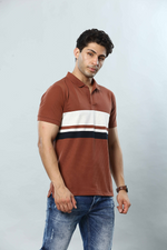 Rust Brown Striped Polo Neck T-Shirt