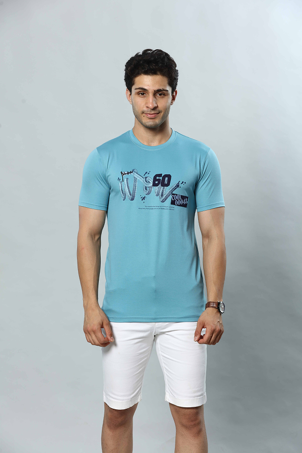 Light Blue Graphic Print Round Neck Stretchable T-Shirt