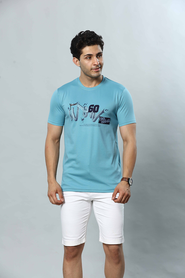 Light Blue Graphic Print Round Neck Stretchable T-Shirt