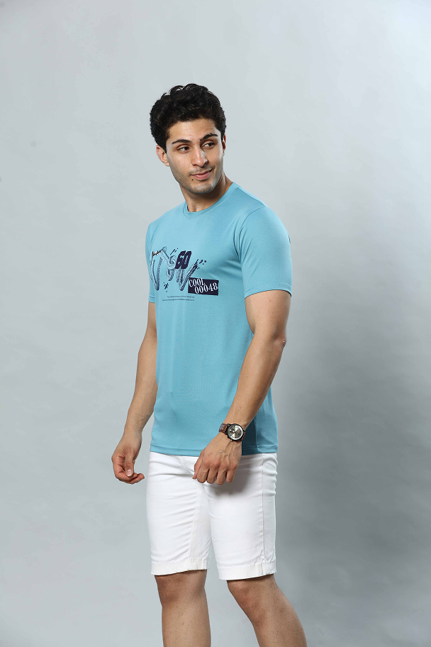 Light Blue Graphic Print Round Neck Stretchable T-Shirt