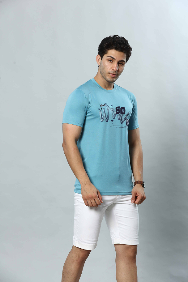 Light Blue Graphic Print Round Neck Stretchable T-Shirt