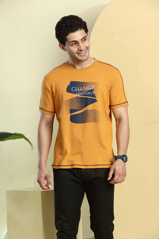 Mustard Yellow Graphic Print Round Neck Stretchable T-Shirt
