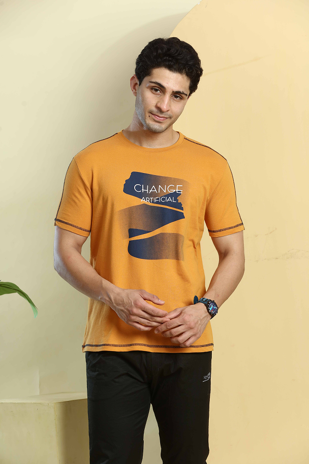 Mustard Yellow Graphic Print Round Neck Stretchable T-Shirt