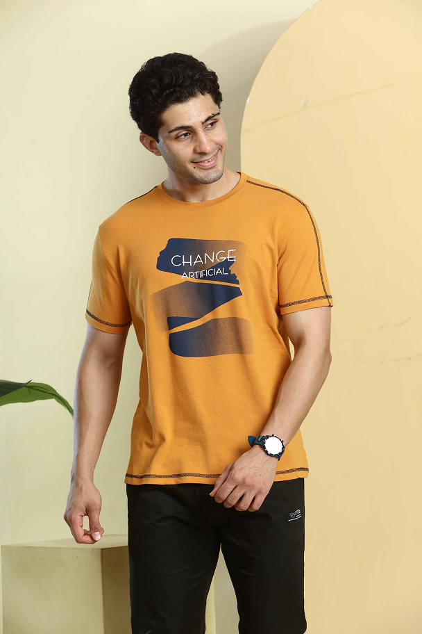 Mustard Yellow Graphic Print Round Neck Stretchable T-Shirt