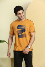 Mustard Yellow Graphic Print Round Neck Stretchable T-Shirt