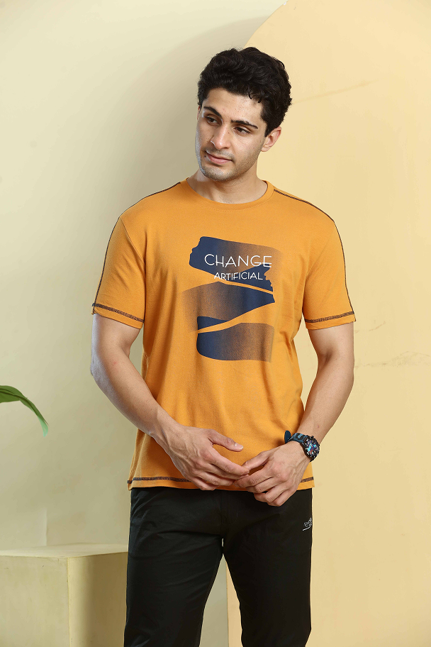 Mustard Yellow Graphic Print Round Neck Stretchable T-Shirt