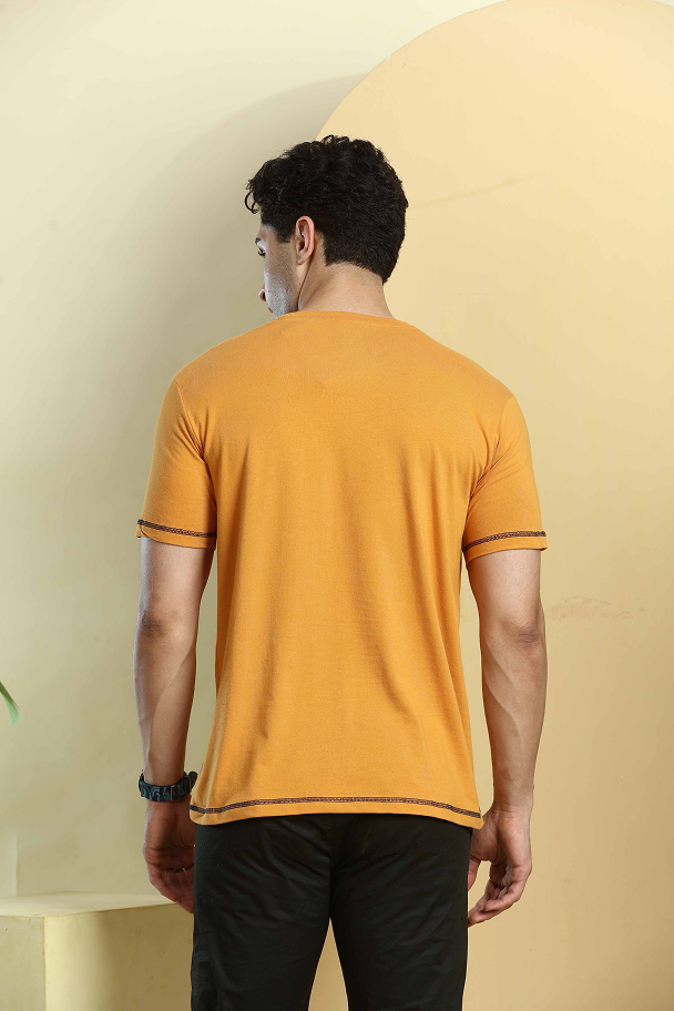 Mustard Yellow Graphic Print Round Neck Stretchable T-Shirt