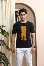 Navy Blue Graphic Print Round Neck Stretchable T-Shirt