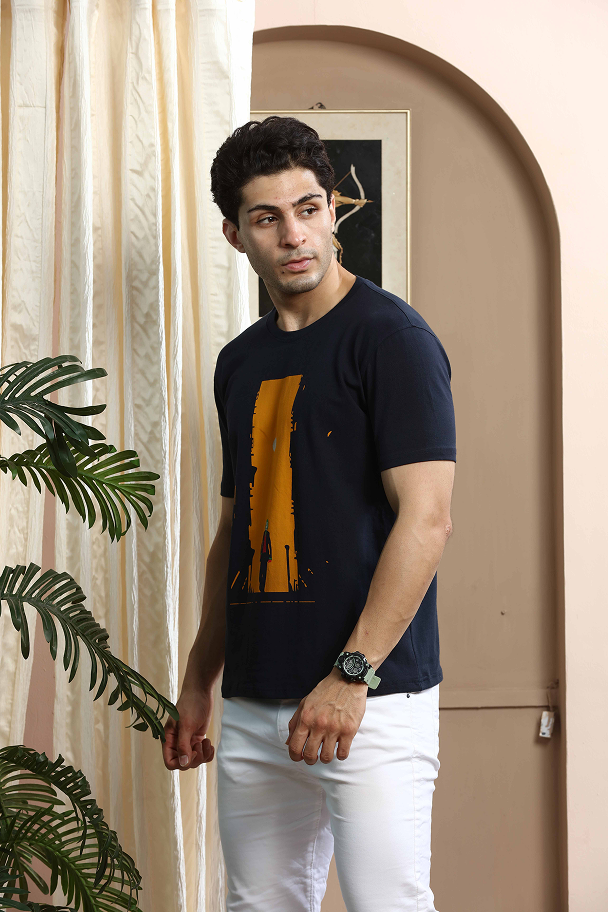 Navy Blue Graphic Print Round Neck Stretchable T-Shirt