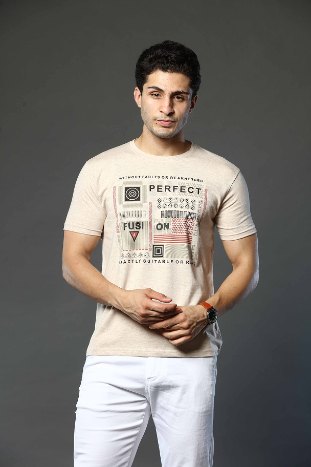 Light Beige Graphic Print Round Neck Stretchable T-Shirt