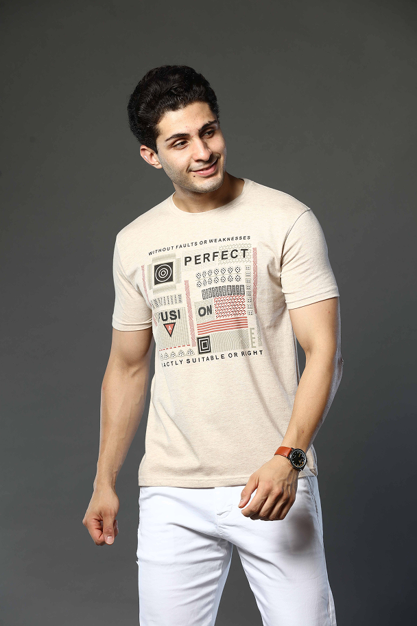 Light Beige Graphic Print Round Neck Stretchable T-Shirt