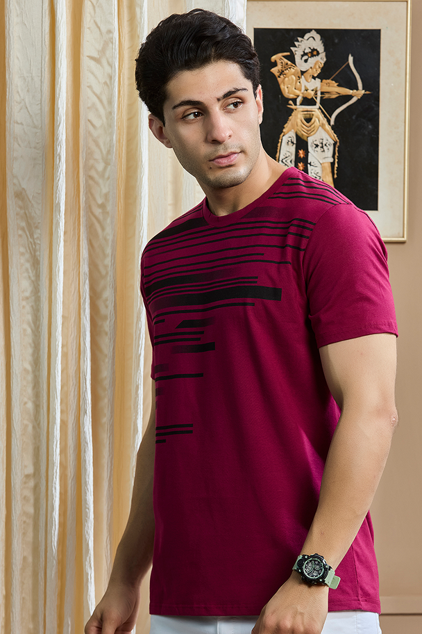 Maroon Graphic Print Round Neck Stretchable T-Shirt