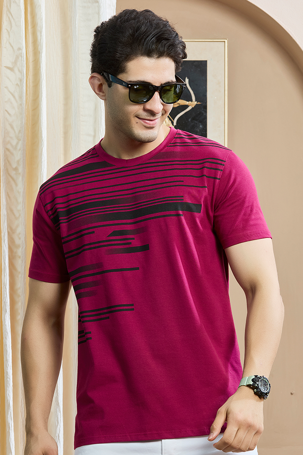 Maroon Graphic Print Round Neck Stretchable T-Shirt