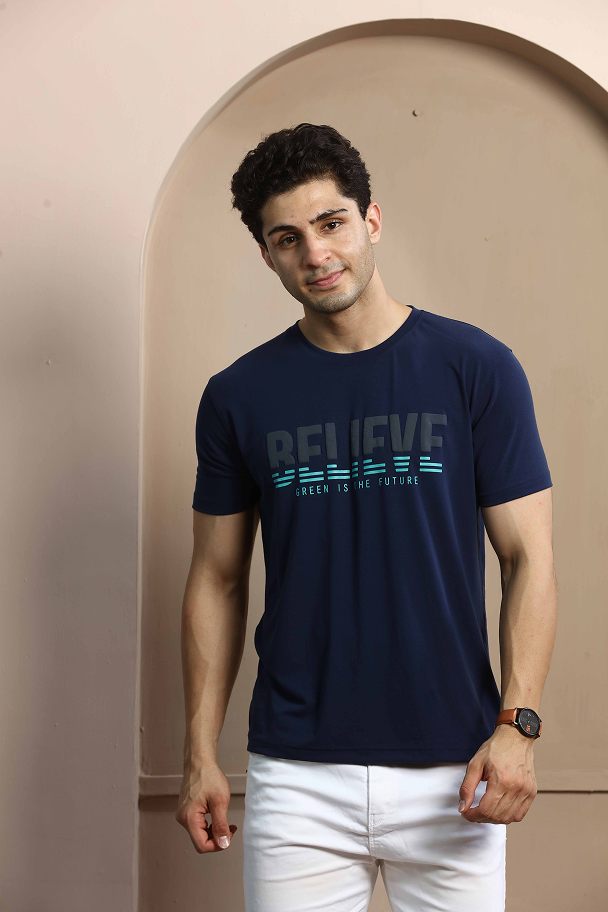 Navy Blue Graphic Print Round Neck Stretchable T-Shirt