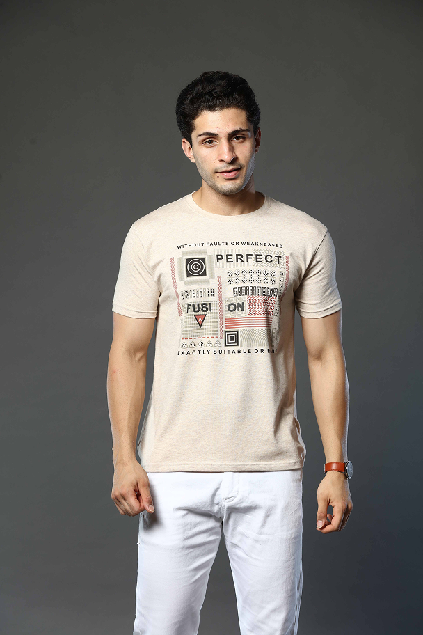 Light Beige Graphic Print Round Neck Stretchable T-Shirt