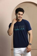 Navy Blue Graphic Print Round Neck Stretchable T-Shirt