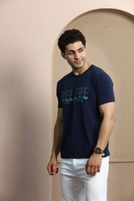 Navy Blue Graphic Print Round Neck Stretchable T-Shirt