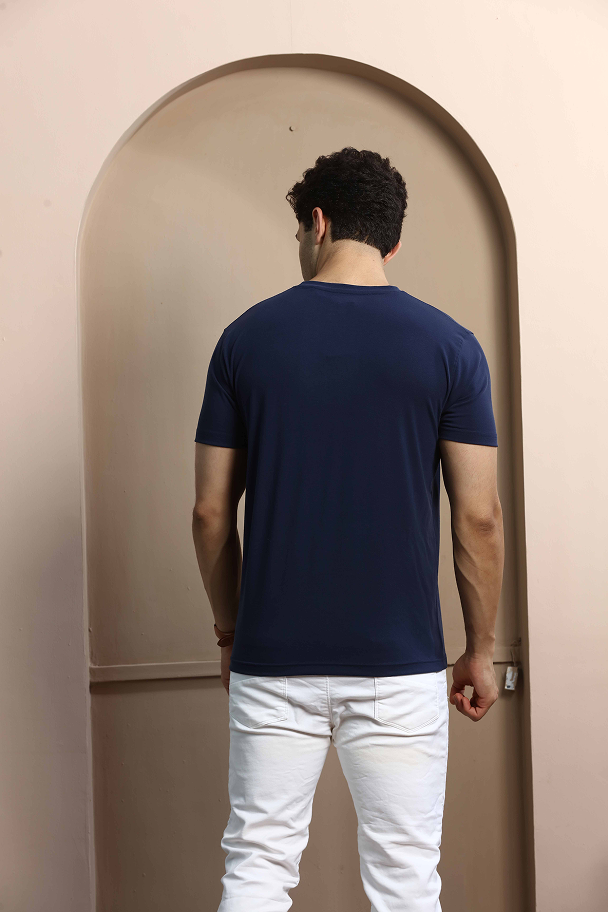 Navy Blue Graphic Print Round Neck Stretchable T-Shirt