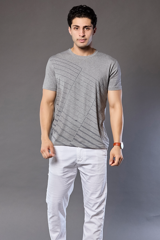 Light Grey Graphic Print Round Neck Stretchable T-Shirt