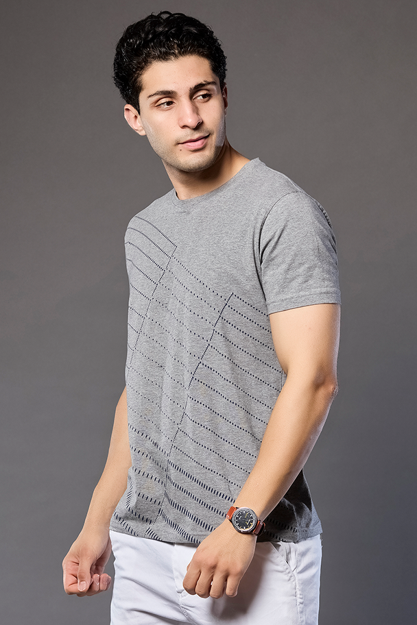Light Grey Graphic Print Round Neck Stretchable T-Shirt