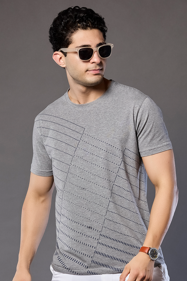 Light Grey Graphic Print Round Neck Stretchable T-Shirt