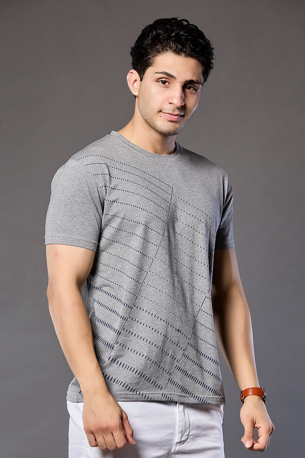 Light Grey Graphic Print Round Neck Stretchable T-Shirt