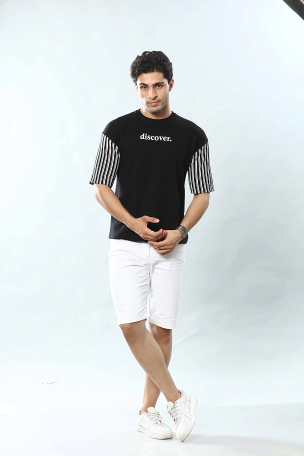 Black Hand Strpied Round Neck Oversized Drop Shoulder T-Shirt