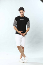 Black Hand Strpied Round Neck Oversized Drop Shoulder T-Shirt