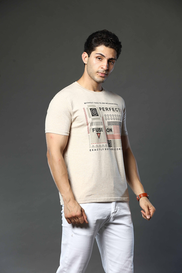 Light Beige Graphic Print Round Neck Stretchable T-Shirt