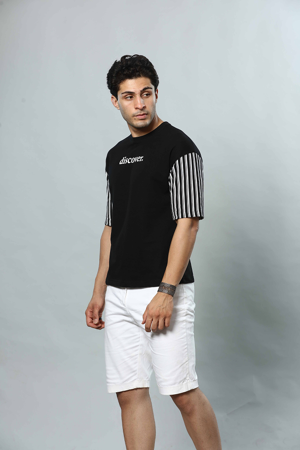 Black Hand Strpied Round Neck Oversized Drop Shoulder T-Shirt